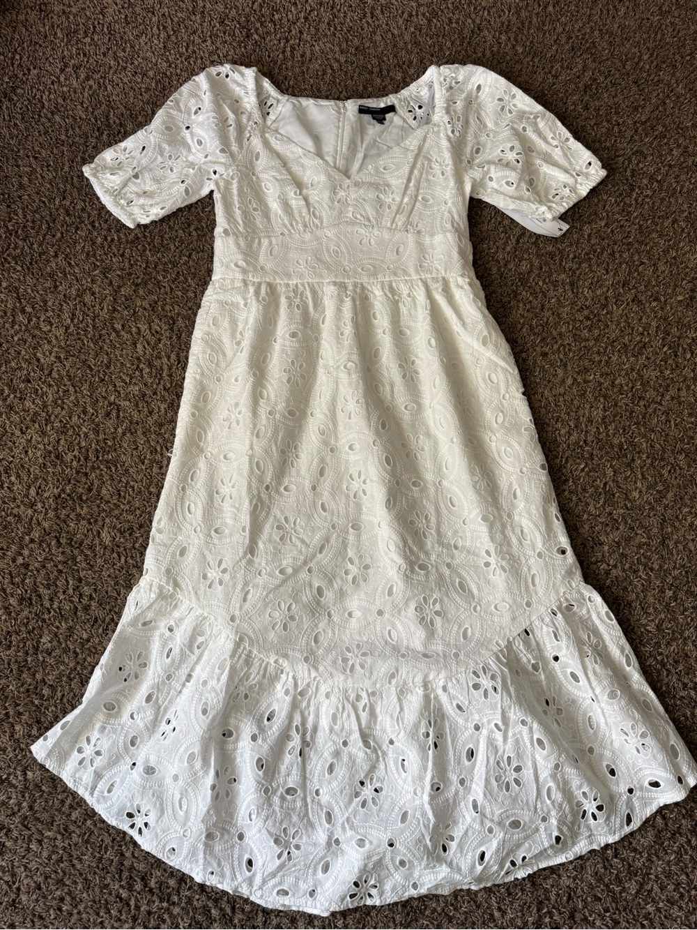 White Eyelet Midi Dress with Ruffle Hem